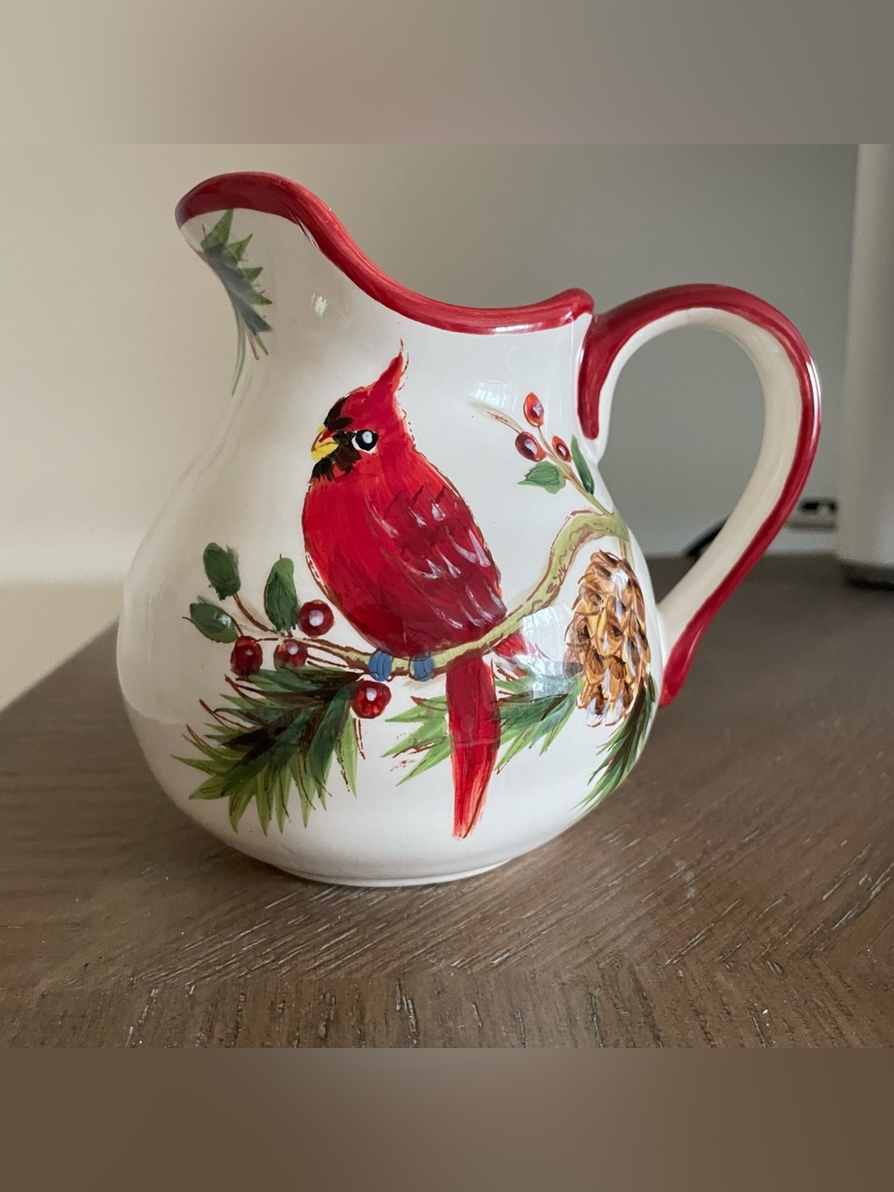 Winter/Christmas/Holiday Small Pitcher With Cardinal and Pine Cones